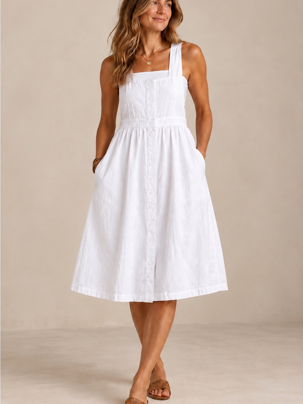 White Button-Front Pinafore Dress